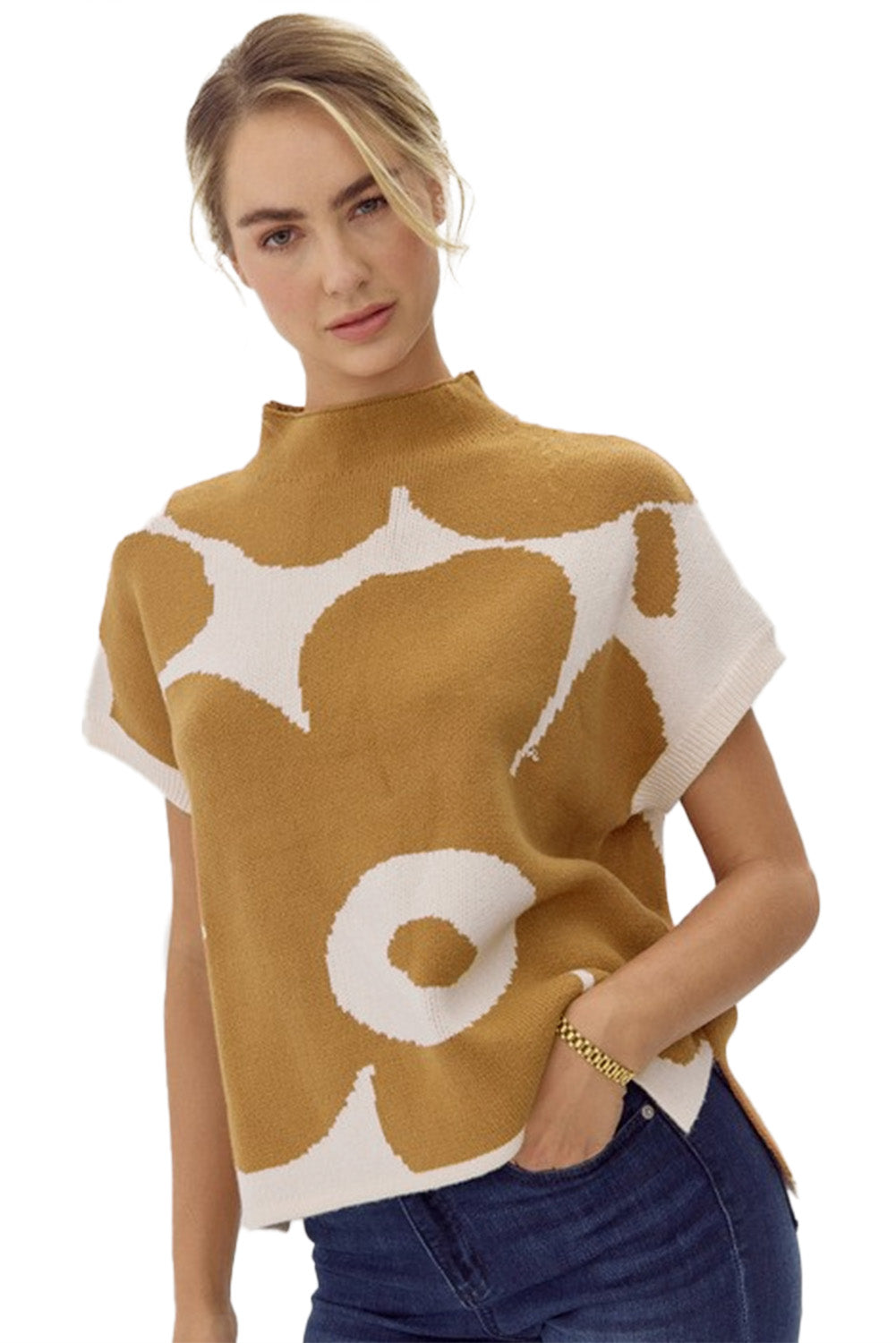 Camel Flower Print Mock Neck Knit Top