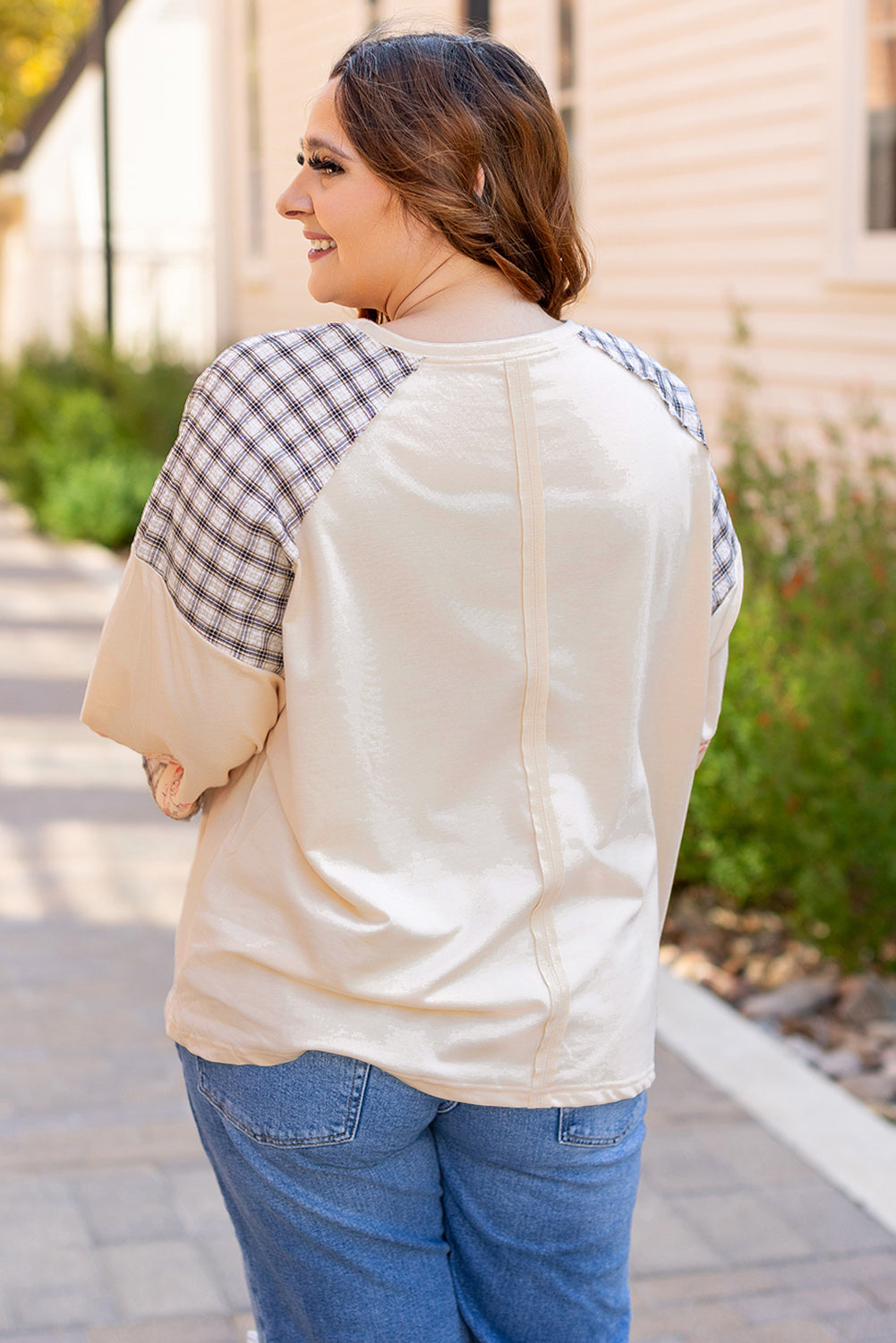 Beige Plaid Floral Peace Heart Graphic Wide Long Sleeve Top